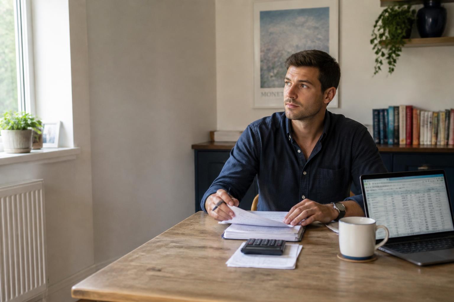 Me at my kitchen table with paperwork, a calculator and a laptop spreadsheet
